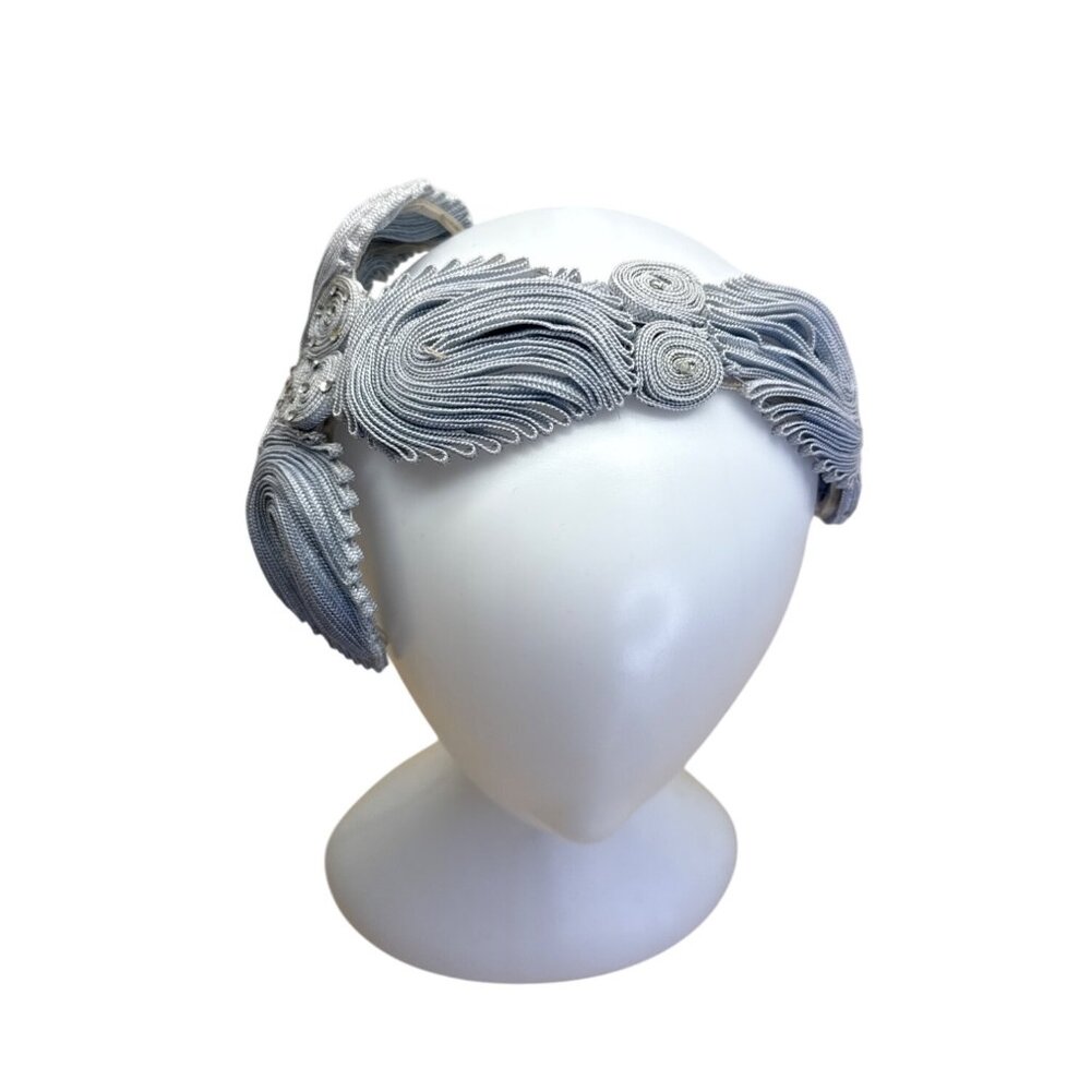 Handcrafted Silver Gray Ribbon Fascinator With Swirl & Bead Detailing For Women